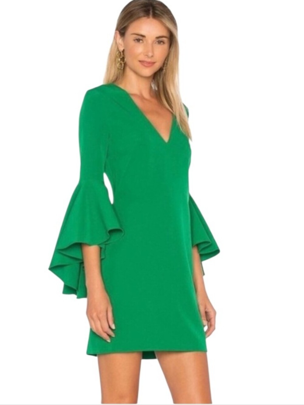 Nwot Milly Emerald/Kelly Green V Neck Waterfall Longsleeves Lined Mini Dress
